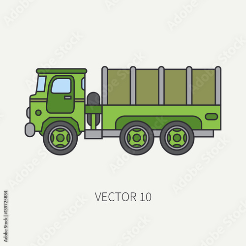 Line flat color vector icon tarpaulin wagon army truck. Military vehicle. Cartoon vintage style. Cargo and soldiers transportation. Tractor unit. Tow. Simple. Illustration and element for your design.