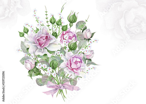 Watercolor floral bouquet with pink and white roses © evakaterina