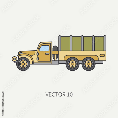 Line flat color vector icon tarpaulin wagon army truck. Military vehicle. Cartoon vintage style. Cargo and soldiers transportation. Tractor unit. Tow. Simple. Illustration and element for your design.