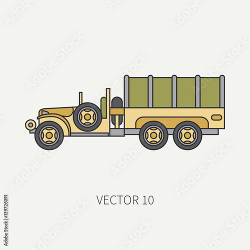 Line flat color vector icon tarpaulin wagon army truck. Military vehicle. Cartoon vintage style. Cargo and soldiers transportation. Tractor unit. Tow. Simple. Illustration and element for your design.