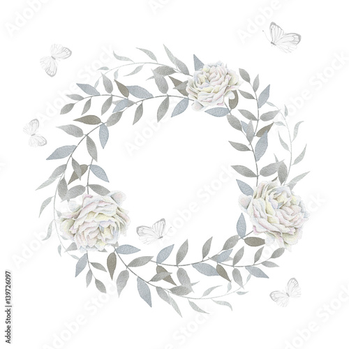 Watercolor rose wreath isolated on white background
