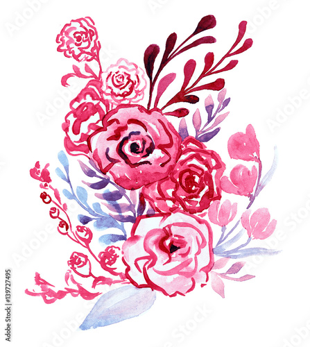 Pink roses with blue decorative leaves, isolated hand painted watercolor illustration in modern style (soft spots) © ArtoPhotoDesigno