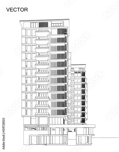 Perspective 3D render of building wireframe.