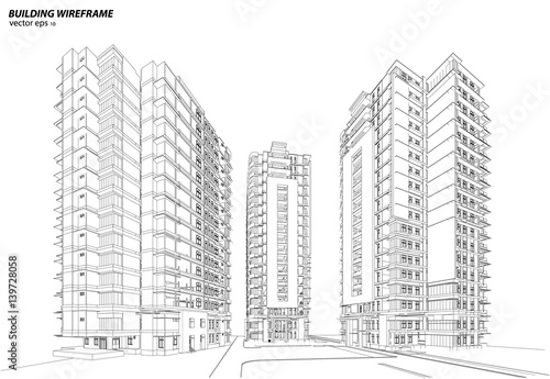 Perspective 3D render of building wireframe.
