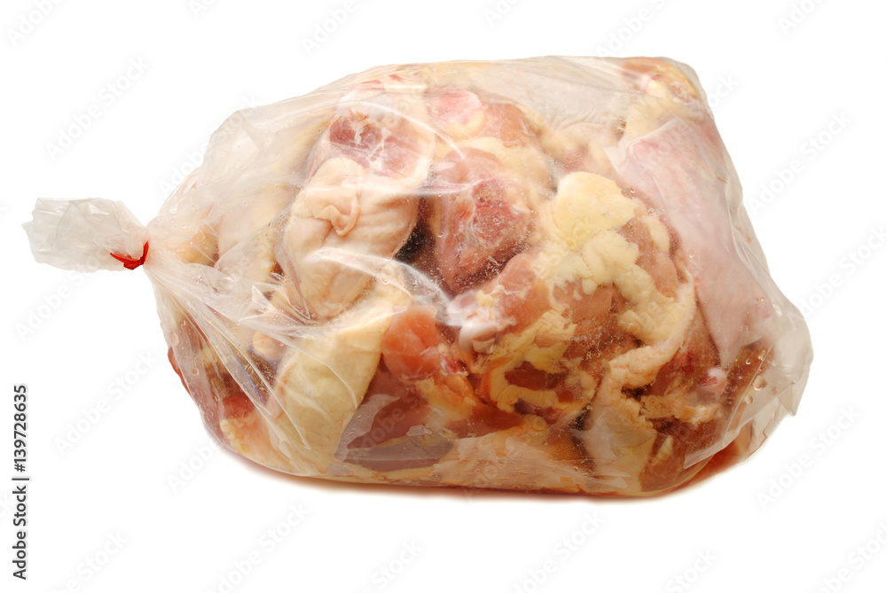 Bag of Raw Chicken Parts Isolated Over White