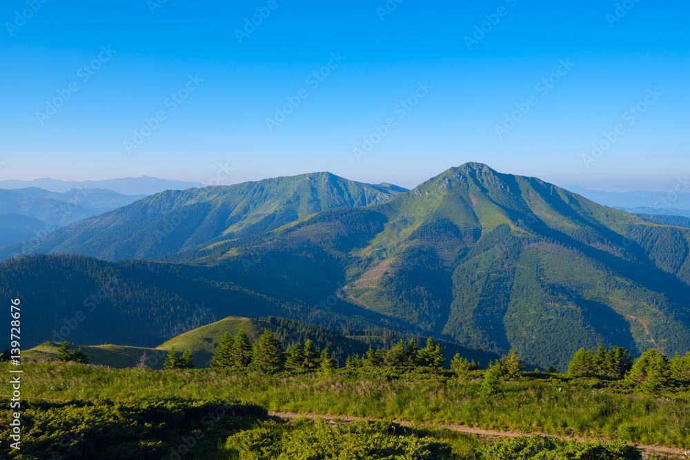 Mountain tops covered with green grass, in the blue haze