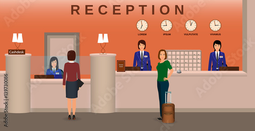 Hotel reception interior with employee and guests. Concierge desk and cashbox. Resort welcoming concept.