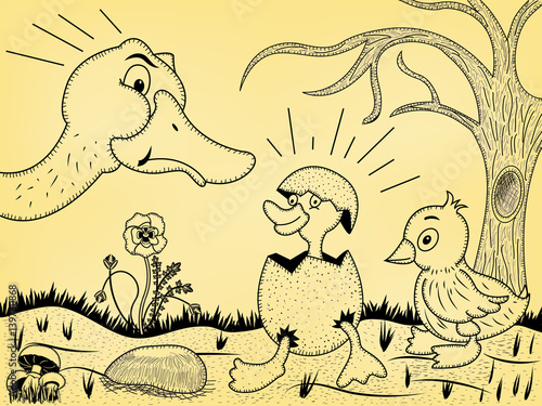 little duck coming from egg, with angry mother because he's different.