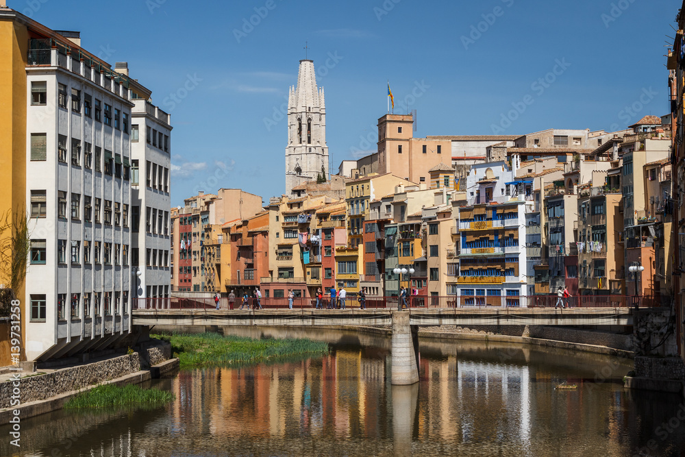 Colorful facades and canal in Girona, Spain