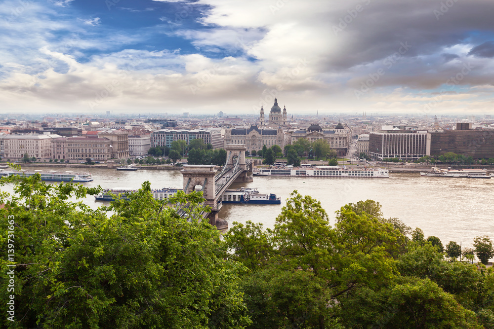Panoramic view of Budapest from the Buda coast. View of St. Stephen's Basilica and Chain Bridge. Hungary
