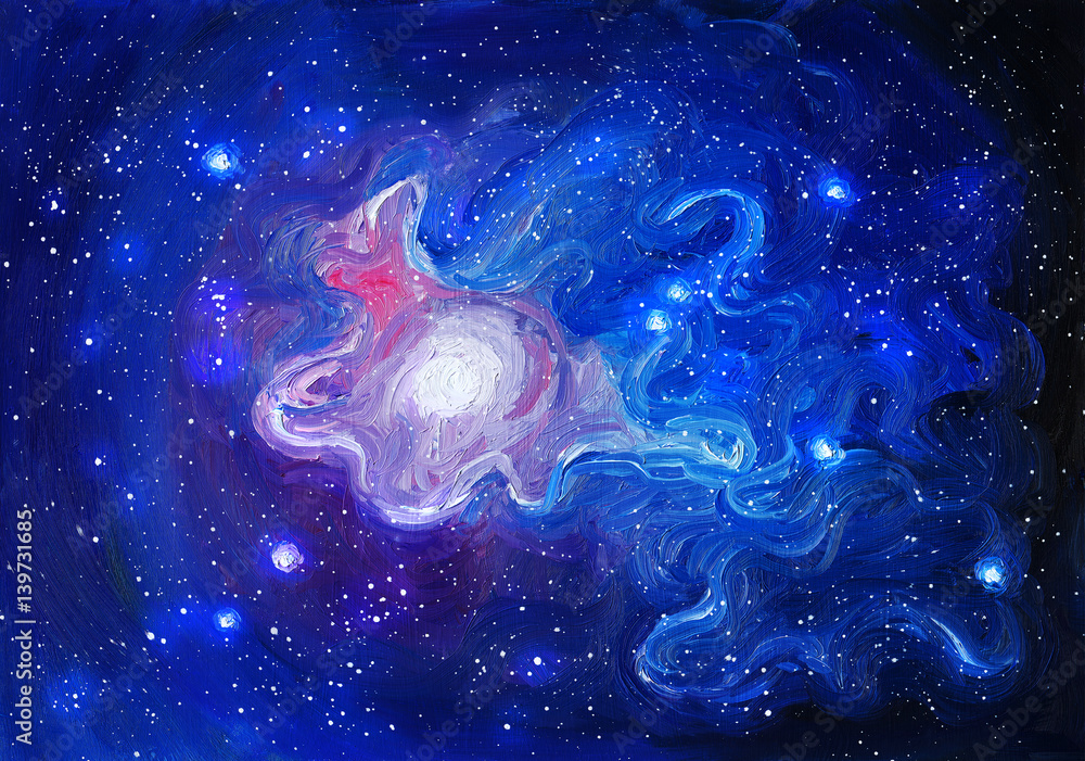 Oil colors space. Abstract cosmic background. Oil hand-drawn illustration - obrazy, fototapety, plakaty 