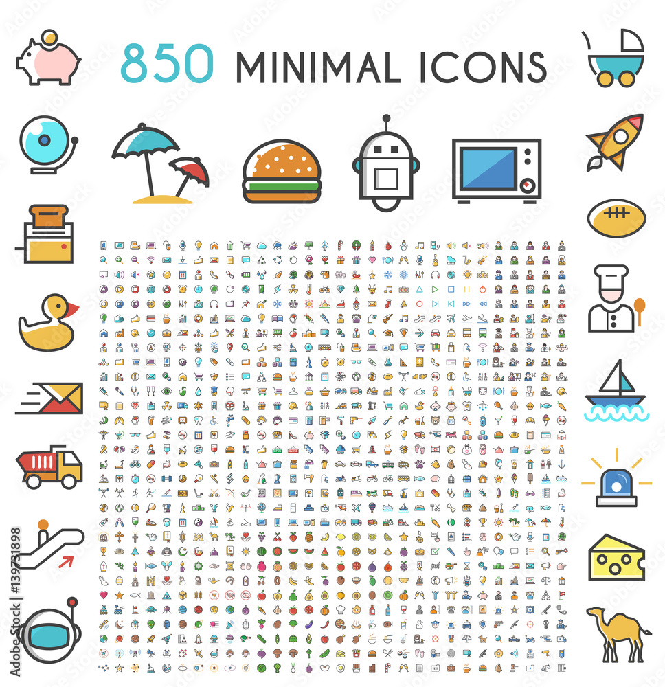 Fototapeta premium Set of 850 Minimalistic Solid Line Colored . Isolated Vector Elements