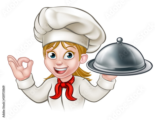 Cartoon Woman Chef Holding Plate or Platter