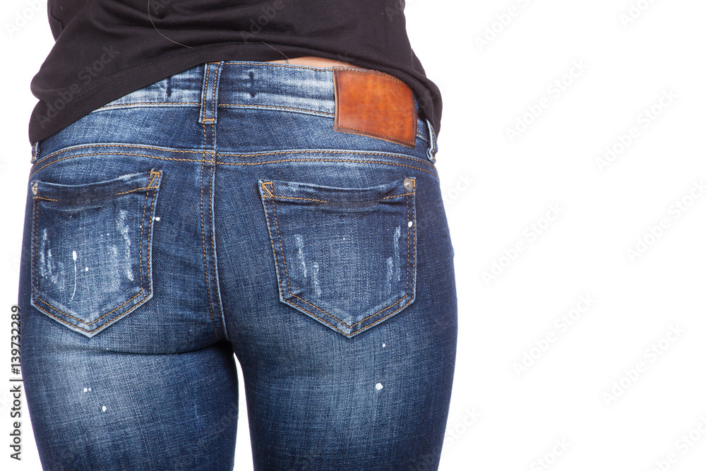 Close up of sexy woman wearing blue jeans. Fit female butt in blue ...