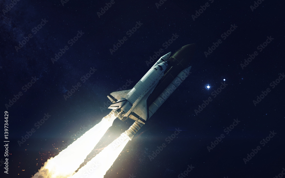 Naklejka Space shuttle orbiting Earth planet. Elements of this image furnished by NASA