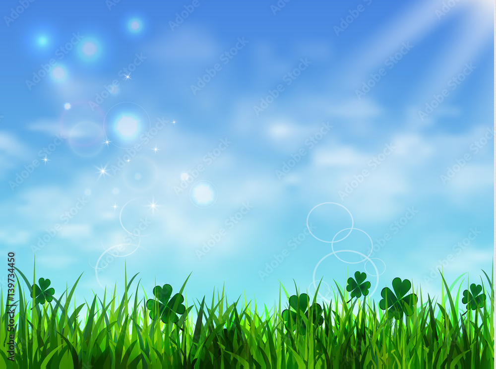 Green grass lawn with sunrise on blue sky Green grass lawn with sunrise on blue sky