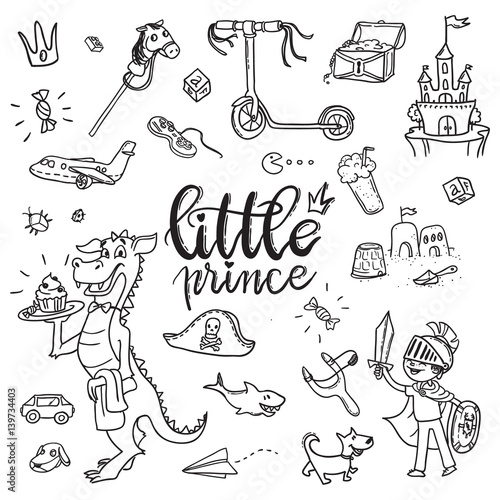 Little prince funny graphic set. Boy in armor and cloak, sword, dragon, scooter, the pirate chest, castle, dog, boys treasures, Isolated elements on a white background