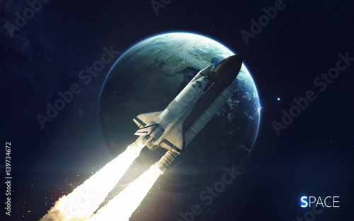 Naklejka Prom kosmiczny krążący wokół planety Ziemi. Elementy tego zdjęcia dostarczone przez NASA