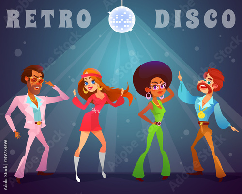 Vector cartoon retro illustration of a man and a woman in a disco club.
