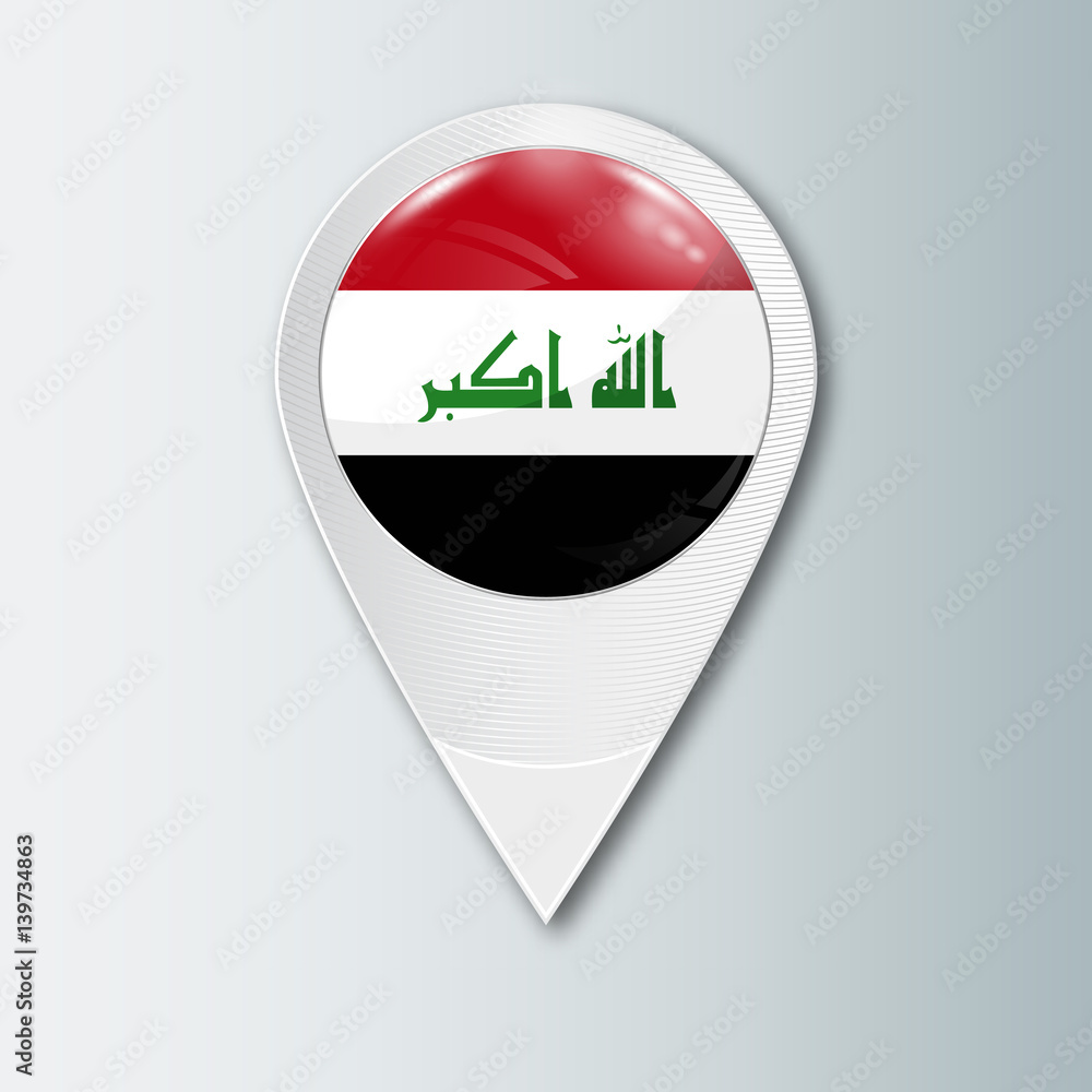 Pointer with the national flag of Iraq in the ball with reflection. Tag to indicate the location. Realistic vector illustration. Pointer with the national flag of Iraq in the ball with reflection. Tag to indicate the location. Realistic vector illustration.