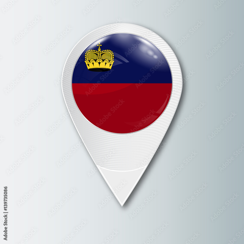 Pointer with the national flag of Liechtenstein in the ball with reflection. Tag to indicate the location. Realistic vector illustration.