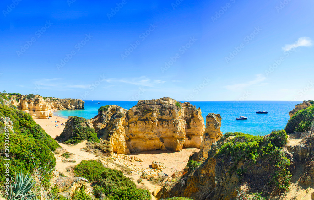 panoramic view of beautiful sandy beach Pria do Castelo, algarve, Portugal