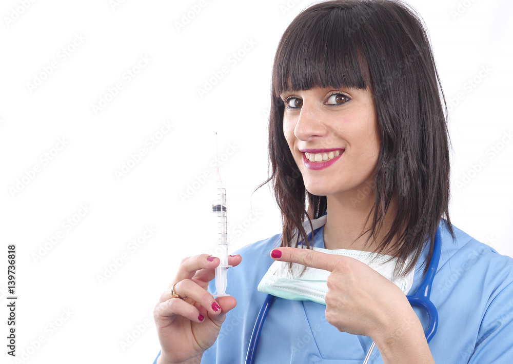 young smiling female doctor with syringe on white young smiling female doctor with syringe on white