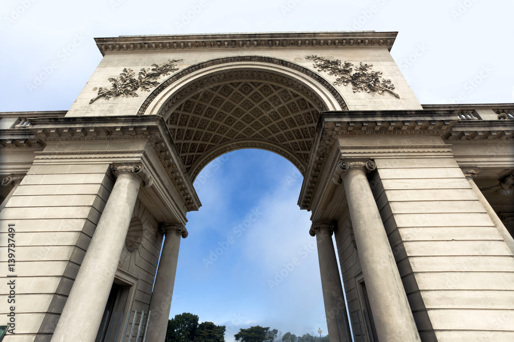 Looking up into blue sky from beneath one of San Francisco's Palace of Fine Arts arches. Looking up into blue sky from beneath one of San Francisco's Palace of Fine Arts arches.