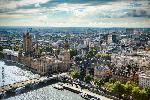 Aerial view of Big Ben, Parliament Building and Westminster Bridge on River Thames, London, UK, Europe