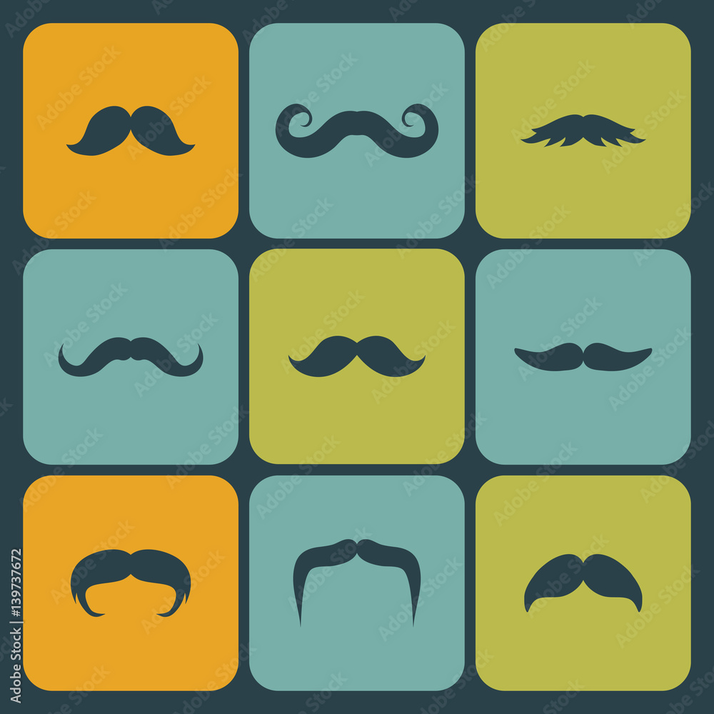 Vector icon set of different men mustache in trendy flat style.
