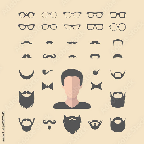 Big vector set of dress up constructor with different men glasses,beard,mustache,wear in flat style. Faces icon creator.