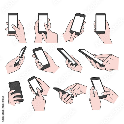 Hands collection on white background - hands holding phone vector illustration