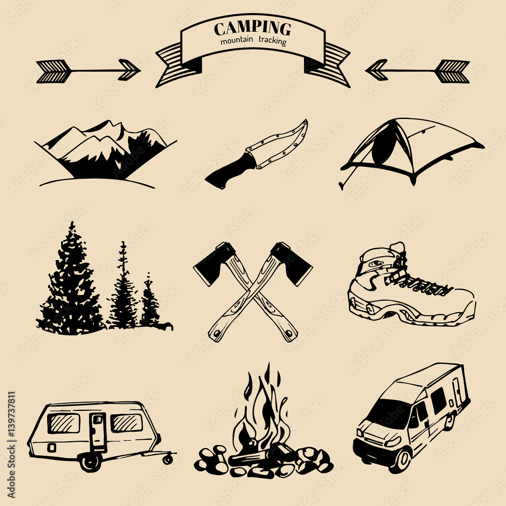 Vector set of vintage camping elements for logos, tourism emblems ...