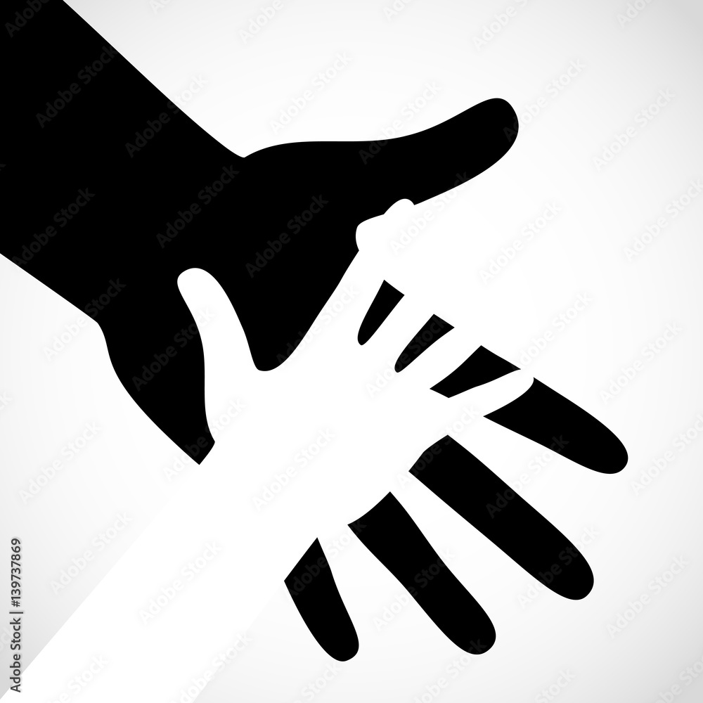 Black color big hand and white small hand concept. Help symbol hands support emblem. Hands icon illustration. Education, health care, medical, design element. Black color big hand and white small hand concept. Help symbol hands support emblem. Hands icon illustration. Education, health care, medical, design element.