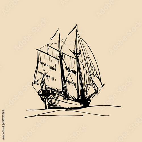 Vector illustration of sailing ship in the sea in ink style. Hand sketched schooner. Marine theme design.
