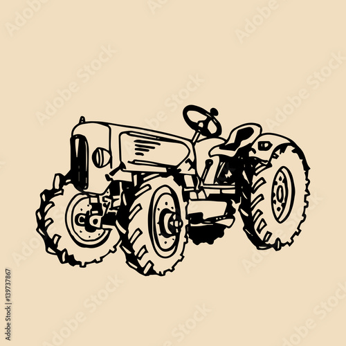 Vector illustration of retro tractor in hand sketched style. Farm fresh logotype. Organic products badge. Eco food sign.