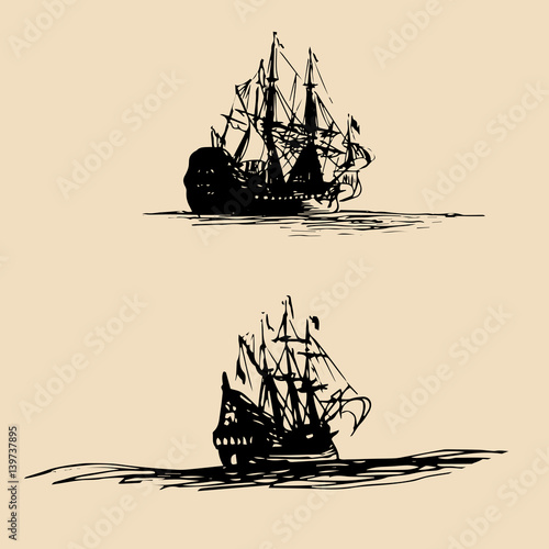 Vector set of sailing ships in the sea in ink line style. Hand sketched old warship silhouettes. Marine theme design.