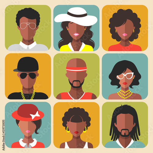 Vector set of different african american women and man app icons in trendy flat style.