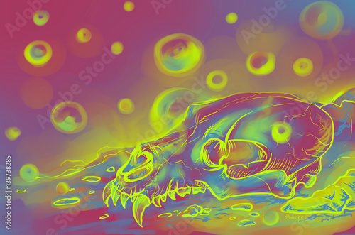 The iridescent psychedelic skull of an unknown predatory animal lies in chemical vapors