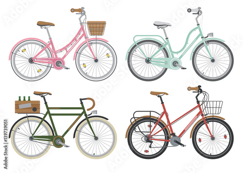 Configurations of city street bicycles. Vector.