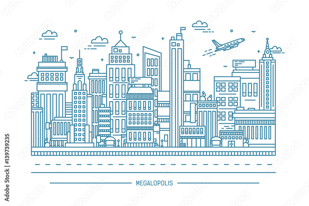 megalopolis, big city life, contour line art illustration
