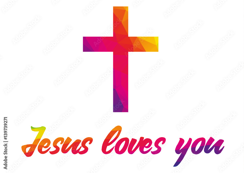 Fototapeta premium Poster with christian cross and quote Jesus loves you made of rainbow colorful polygonal abstract shapes, on white background - can be easily isolated, simple but impressive