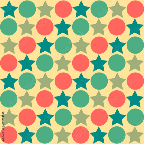 Retro seamless abstract pattern - star alternating circle in muted vintage colors of red, blue, green and tan