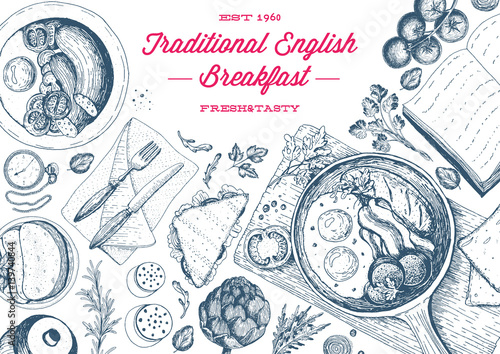 English breakfast top view frame. English food menu design. Vintage hand drawn sketch vector illustration
