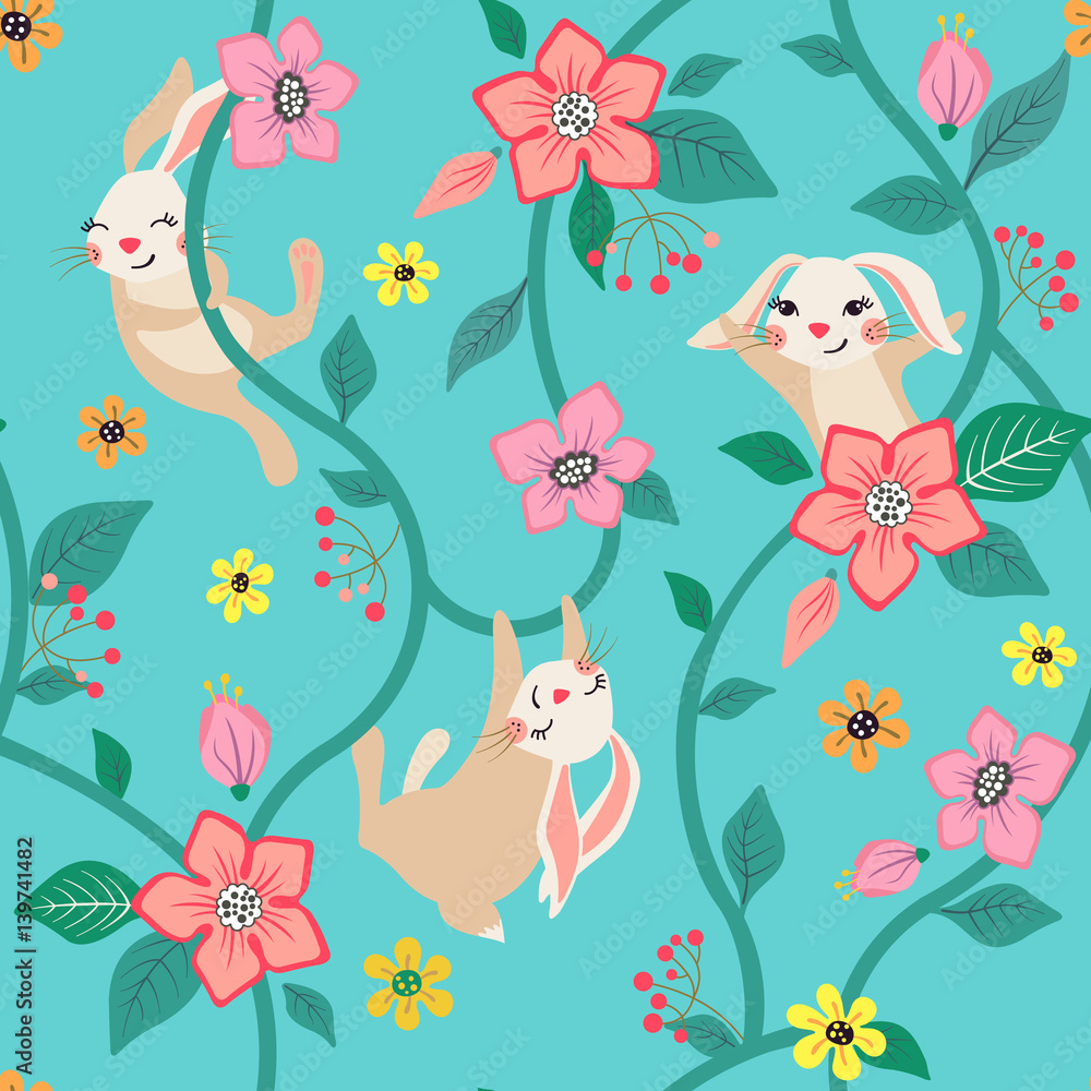 Seamless floral pattern with cute bunnies.