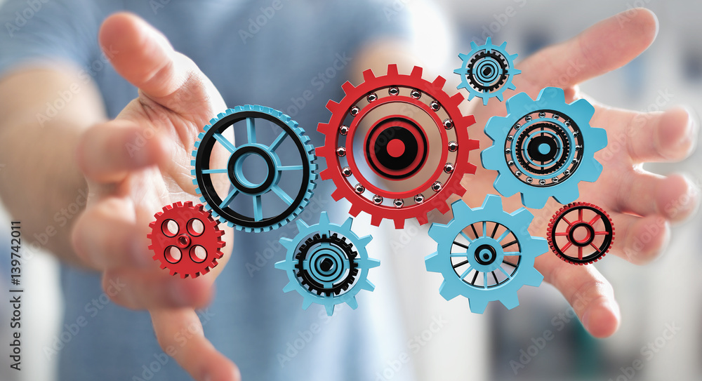 Businessman holding floating gear icons in his hand 3D rendering Businessman holding floating gear icons in his hand 3D rendering