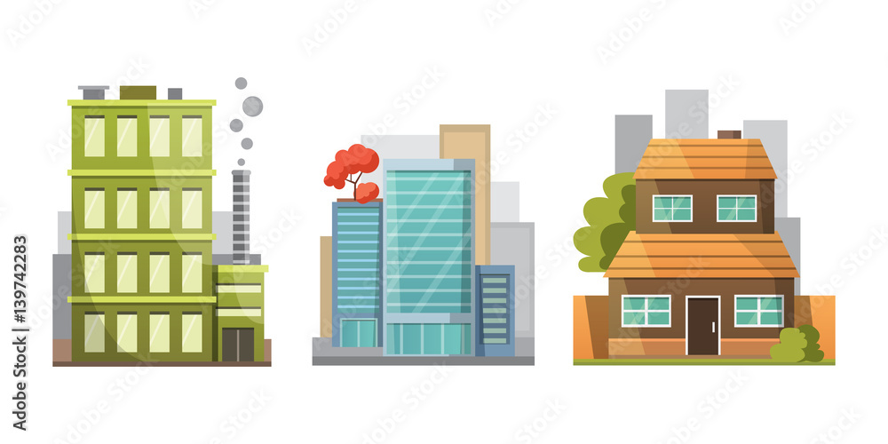 Fototapeta premium Flat design of retro and modern city houses. Old buildings, skyscrapers. colorful cottage building, cafe house.