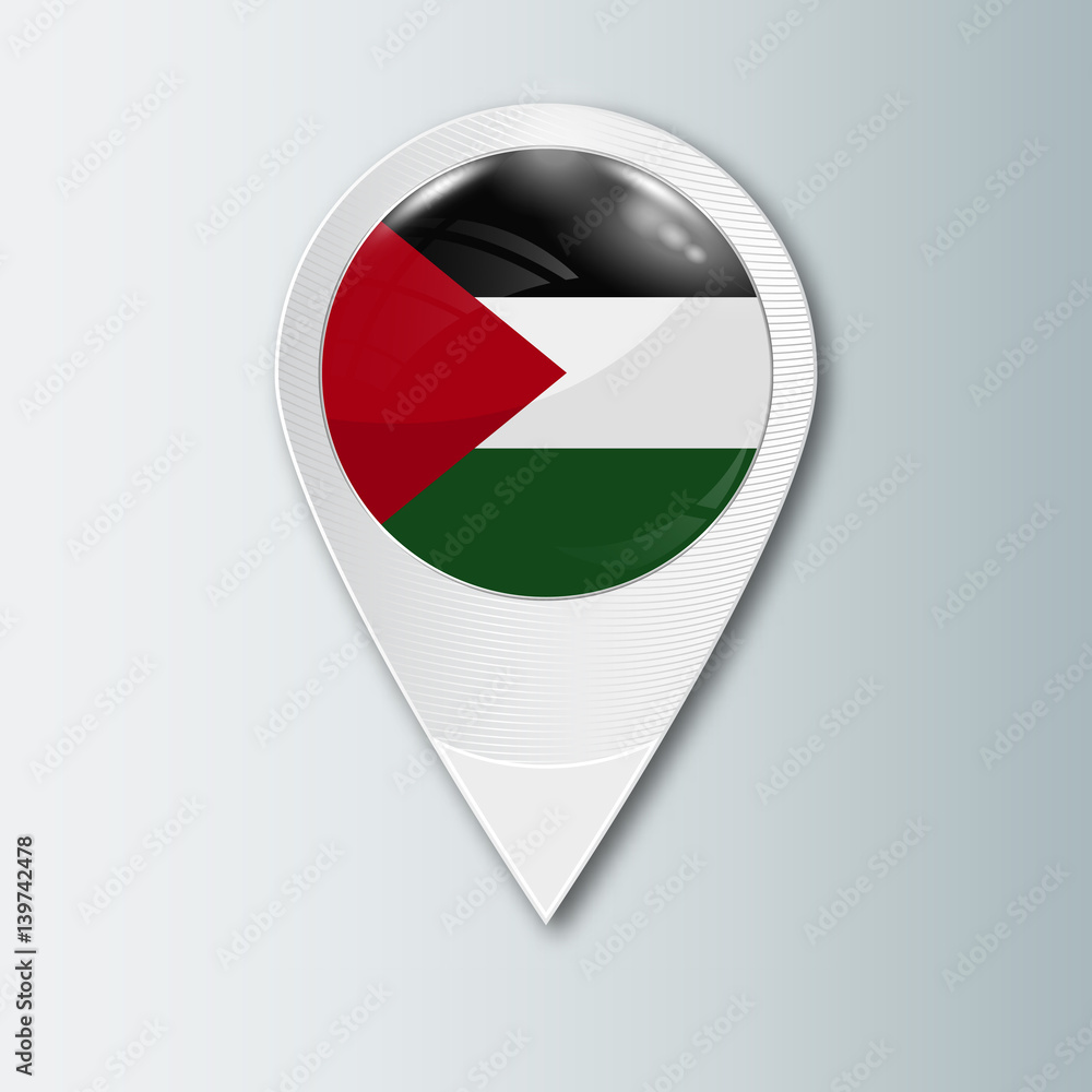 Pointer with the national flag of Palestine in the ball with reflection. Tag to indicate the location. Realistic vector illustration.