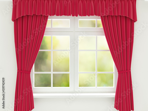 Red curtain on the window. 3d render