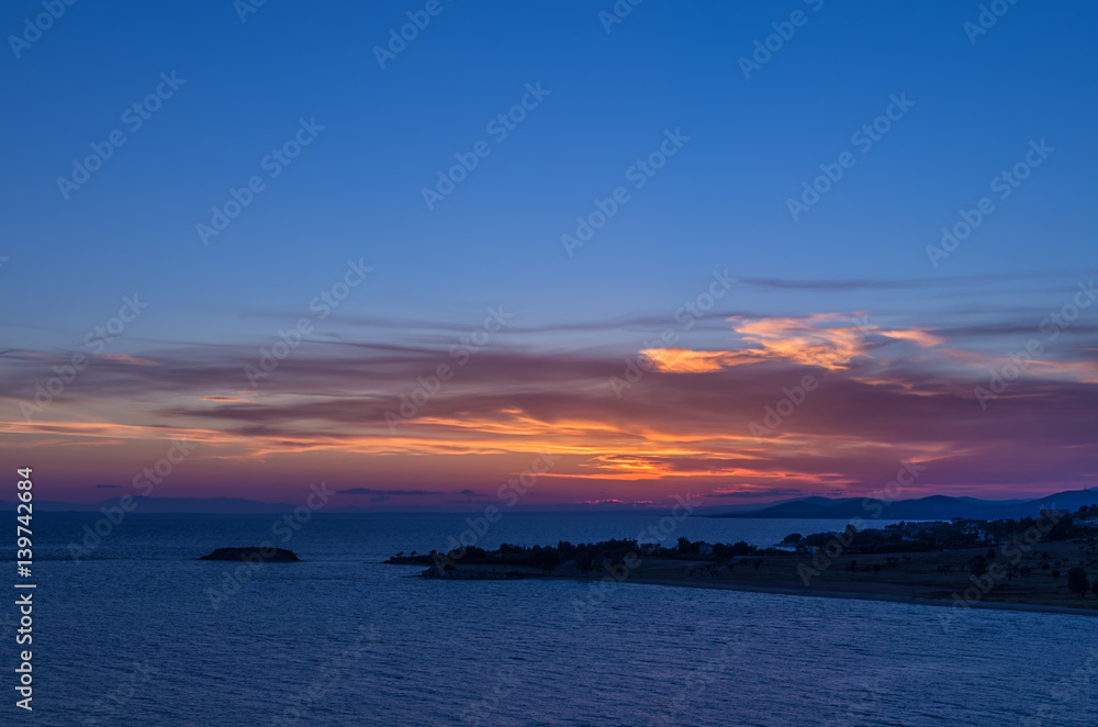 Gorgeous sea and sky colors in the dusk, Sithonia, Chalkidiki, Greece 